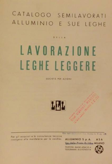 Catalogo semilavorati alluminio e sue leghe della Lavorazione Leghe Leggere: LLL - copertina