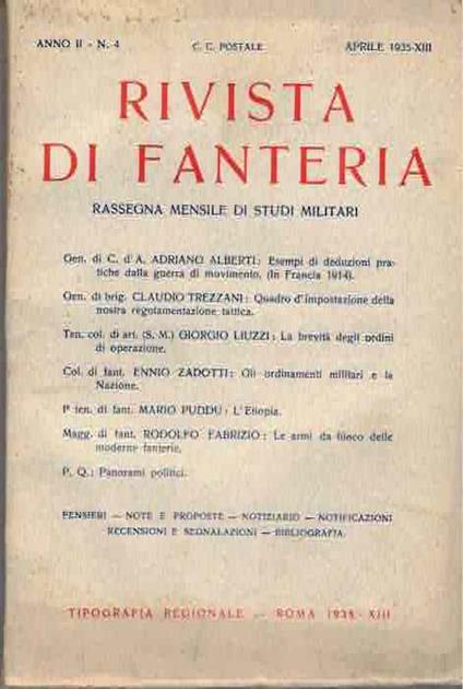 Rivista di fanteria: rassegna mensile di studi militari: indice delle materie contenute nei fascicoli dell'anno 1935. Anno II N. 4 - copertina