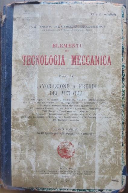 Elementi di tecnologia meccanica. Parte 4.: Lavorazione a freddo dei metalli - copertina
