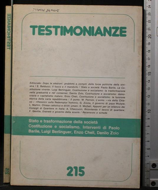 Testimonianze. Stato e trasformazione della societÃ . - Ernesto Balducci - copertina