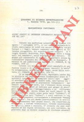 Alcuni oggetti di interesse etnografico raccolti in Ecuador nel 1977