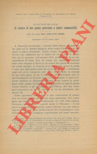 Esperienze di cultura di due piante peruviane a tuberi commestibili