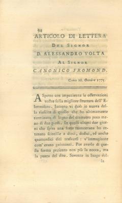 Articolo di lettera del signor Alessandro Volta al signor Canonico Fromond
