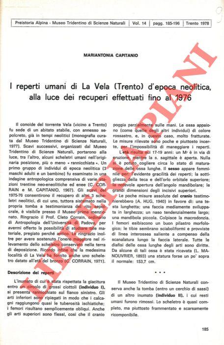 I reperti umani di La Vela (Trento) d'epoca neolitica, alla luce de recuperi effettuati fino al 1976