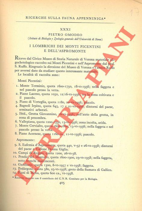 Ricerche sulla fauna appenninica. I Lombrichi dei Monti Picentini e dell'Aspromonte