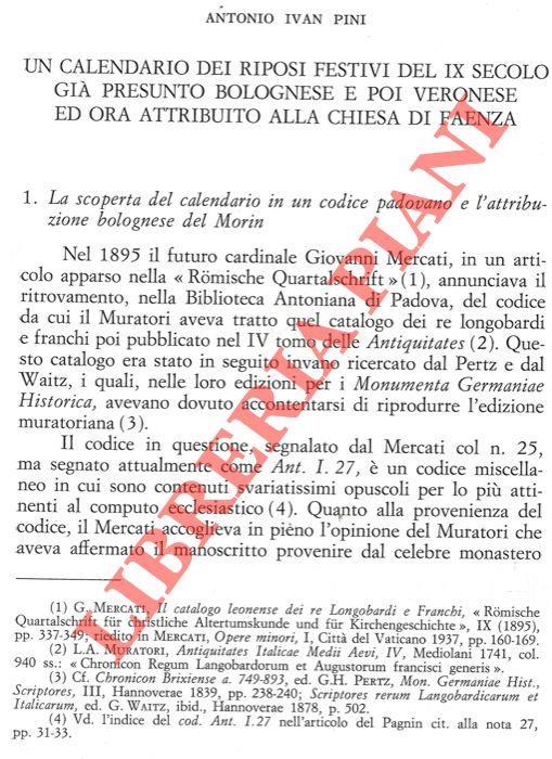 Un calendario dei riposi festivi del IX secolo già presunto bolognese e poi veronese ed ora attribuito alla Chiesa di Faenza