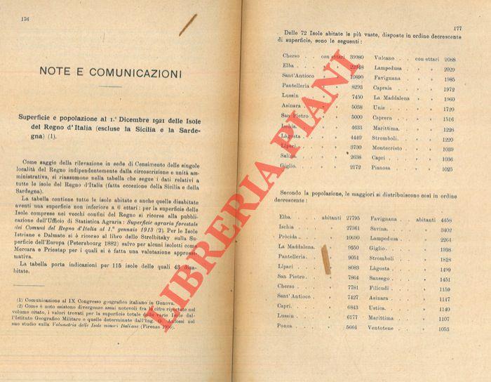 Superficie e popolazione al I Dicembre 1921 delle Isole del Regno d'Italia (escluse la Sicilia e la Sardegna)