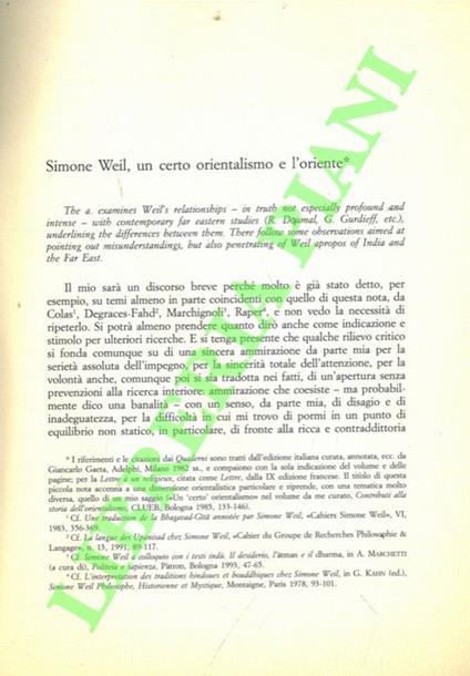 Simone Weil. Un certo orientalismo e l'Oriente - copertina
