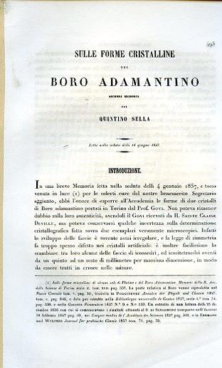 Sulle forme cristalline del boro adamantino. Letta nella seduta delli 14 giugno 1857 - Quintino Sella - copertina