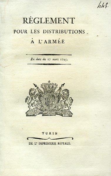 Réglement pour les distributions à l'Armée. En date du 17 mars 1795 - copertina