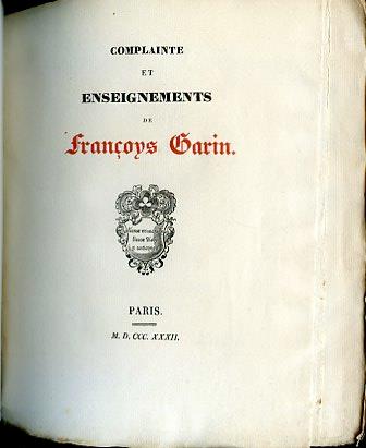 Complainte et Enseignements de Françoys Garin - copertina