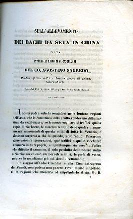 Sull'allevamento dei bachi da seta in China. Nota intorno al libro di G. Castellani (Estr. dal Vol. V, serie III degli Atti dell'Istituto stesso) - Agostino Sagredo - copertina