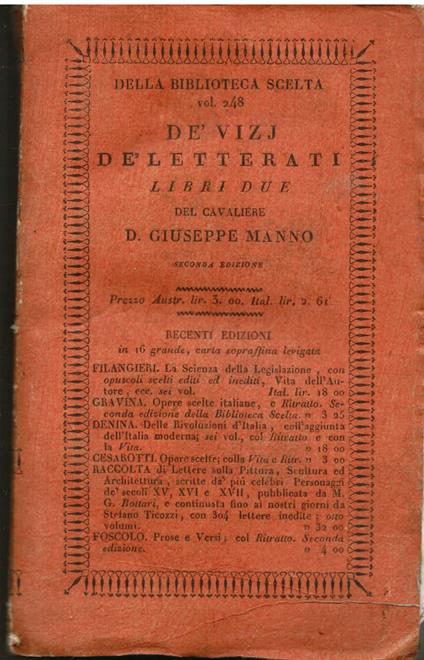 De' vizj de' letterati. Libri due. Seconda edizione - Giuseppe Manno - copertina