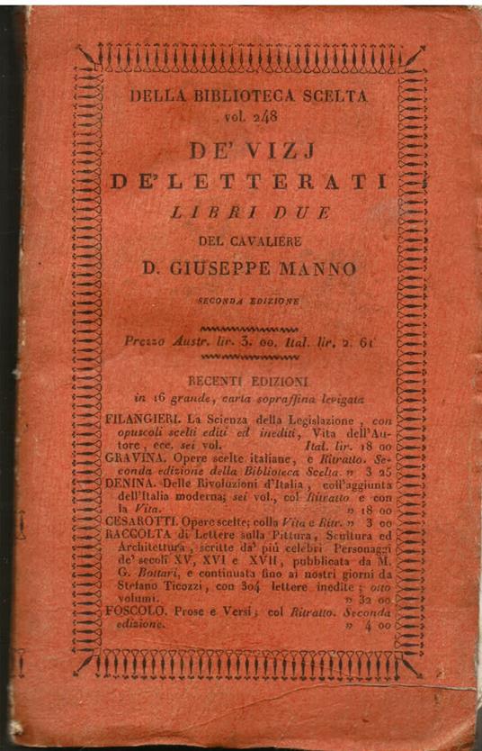 De' vizj de' letterati. Libri due. Seconda edizione - Giuseppe Manno - copertina