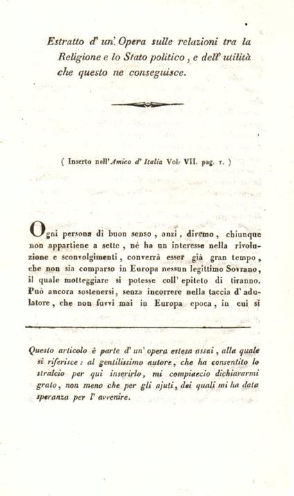 Estratto d'un Opera sulle relazioni tra la Religione e lo Stato politico, e dell'utilità che questo ne conseguisce (Inserto nell'Amico d'Italia, vol. VII, pag. 1) - copertina