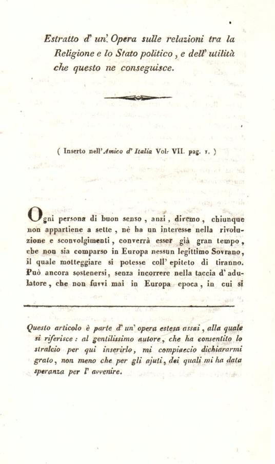 Estratto d'un Opera sulle relazioni tra la Religione e lo Stato politico, e dell'utilità che questo ne conseguisce (Inserto nell'Amico d'Italia, vol. VII, pag. 1) - copertina