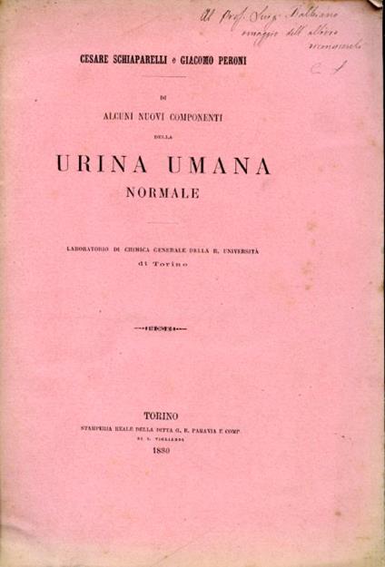 Di alcuni nuovi componenti della urina umana normale. Laboratorio di Chimica Generale della R. Università di Torino - copertina