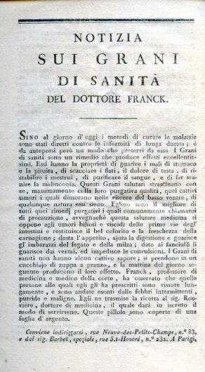 Notizia sui grani di sanità del dottore Franck - copertina