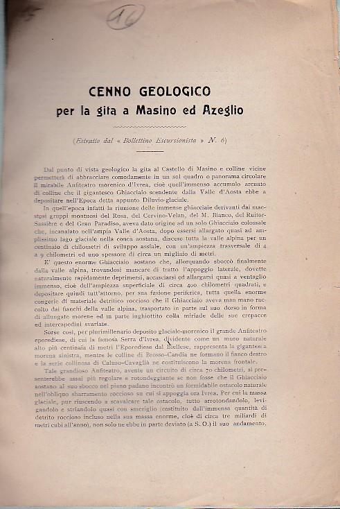 Cenno geologico per la gita a Masino ed Azeglio (Estratto dal "Bollettino Escursionista" n. 6) - Federico Sacco - copertina