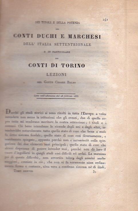 Dei titoli e della potenza dei Conti Duchi e Marchesi dell' Italia Settentrionale e in particolare dei Conti di Torino. Lezioni lette nell' adunanza del 28 febbraio 1833 - Cesare Balbo - copertina