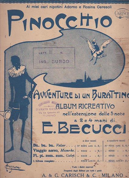 Pinocchio. Avventure di un burattino. Album ricreativo nell' estensione delle 5 note a 2 e 4 mani - Ernesto Becucci - copertina