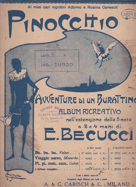 Pinocchio. Avventure di un burattino. Album ricreativo nell' estensione delle 5 note a 2 e 4 mani - Ernesto Becucci - copertina