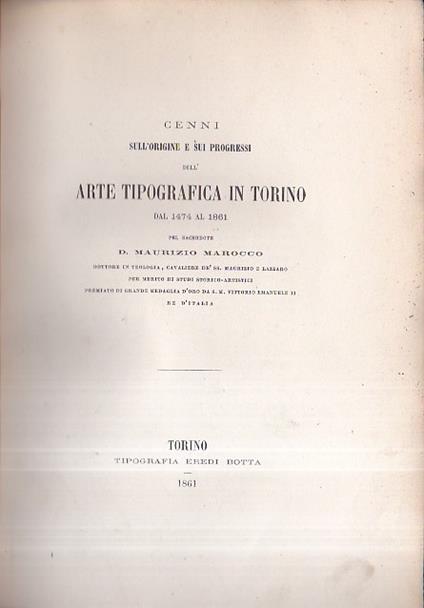 Cenni sull' origine e sui progressi dell' arte tipografica in Torino dal 1474 al 1861 - Maurizio Marocco - copertina