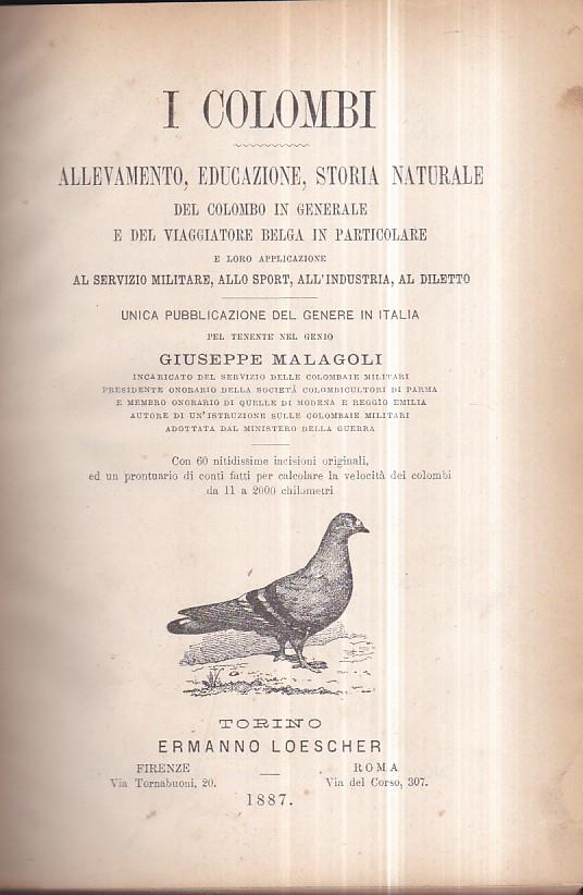 I colombi. Allevamento, educazione, storia naturale del colombo in generale e del viaggiatore belga in particolare e loro applicazione al servizio militare, allo sport, all' industria, al diletto. Unica pubblicazione del genere in Italia. Con 60 niti - Giuseppe Malagoli - copertina