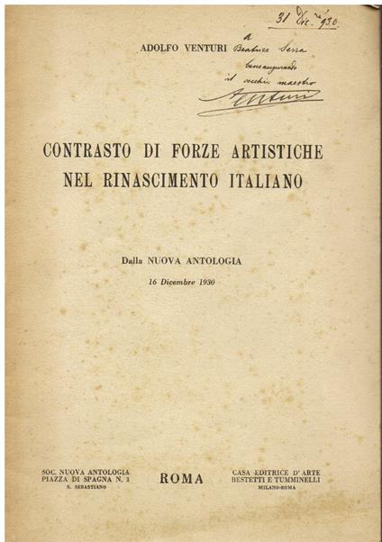 Contrasto di forze artistiche nel Rinascimento italiano. Dalla Nuova Antologia 16 dicembre 1930 - Adolfo Venturi - copertina