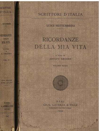Ricordanze della mia vita. A cura di Adolfo Omodeo - Luigi Settembrini - copertina