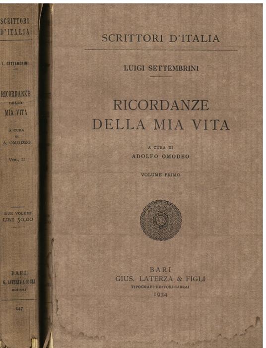 Ricordanze della mia vita. A cura di Adolfo Omodeo - Luigi Settembrini - copertina