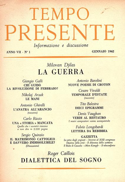 Tempo presente. Informazione e discussione Anno VII, N° 1 Gennaio & N° 2 Febbraio 1962 - Ignazio Silone - copertina