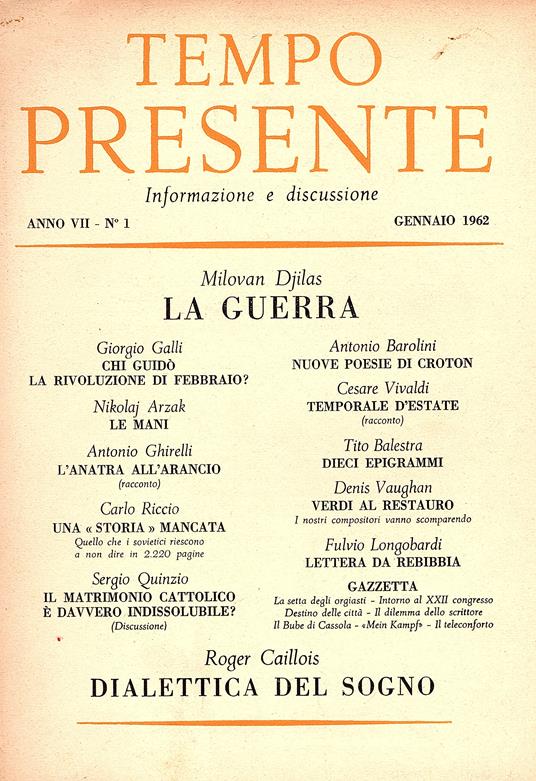 Tempo presente. Informazione e discussione Anno VII, N° 1 Gennaio & N° 2 Febbraio 1962 - Ignazio Silone - copertina