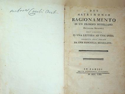 Del matrimonio: ragionamento di un filosofo mugellaneo. Edizione seconda coll'aggiunta di una lettera ad una sposa. Tradotta dall'inglese da una fanciulla mugellanese - Antonio Cocchi - copertina