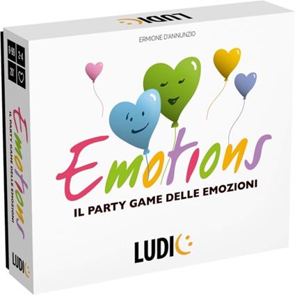 Emotions. Party game delle emozioni. Contenuto della Scatola: 1 tabellone. 110 carte-situazione. 16 tessere-emozione 12 gettoni-voto 16 tessere-emozione 12 gettoni-voto. Regolamento - copertina