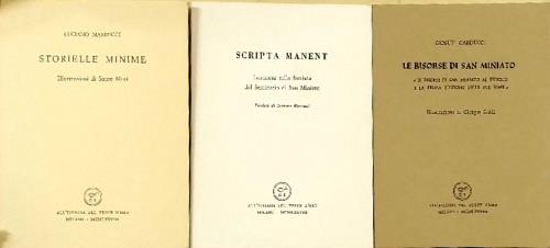 Cofanetto contenente tre opere: --Storielle Minime. Illustrazioni di Sauro Mori. pp.39. --Scripta Manent. Iscrizioni sulla facciata del Seminario di San Miniato. Versione di Luciano Marucci. pp. non numerate, 44. --Giosu� Carducci. Le risorse di San - copertina