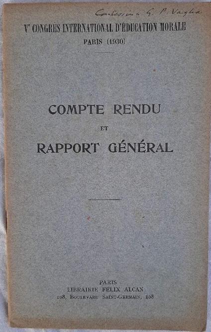 Compte Rendu Et Rapport General V Congres Internationale D'education Morale - copertina