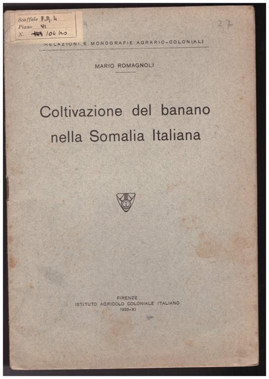 Coltivazione Del Banano Nella Somalia Italiana - copertina