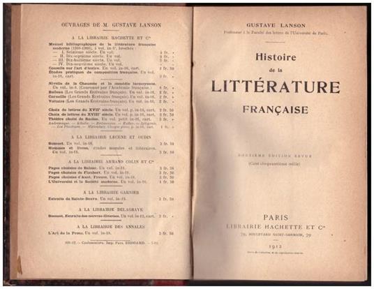 Histoire De La Litterature Francaise Douzieme Ždition Revue  - Gustave Lanson - copertina