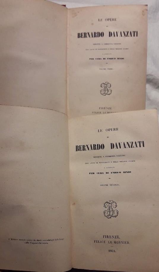Le Opere di Bernardo Davanzati- 2 Voll. - Bernardo Davanzati - copertina
