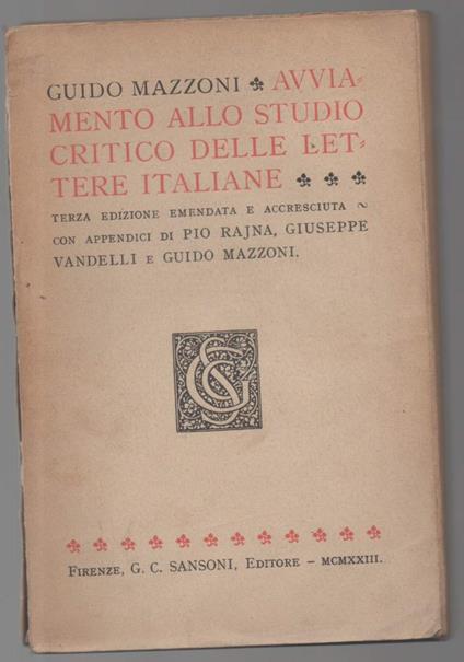 Avviamento Allo Studio Critico Delle Lettere Italiane - Guido Mazzoni - copertina