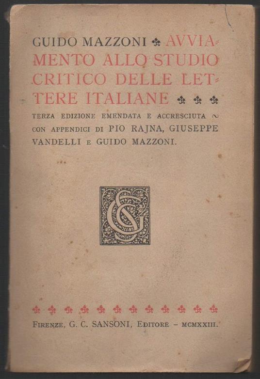 Avviamento Allo Studio Critico Delle Lettere Italiane  - Guido Mazzoni - copertina