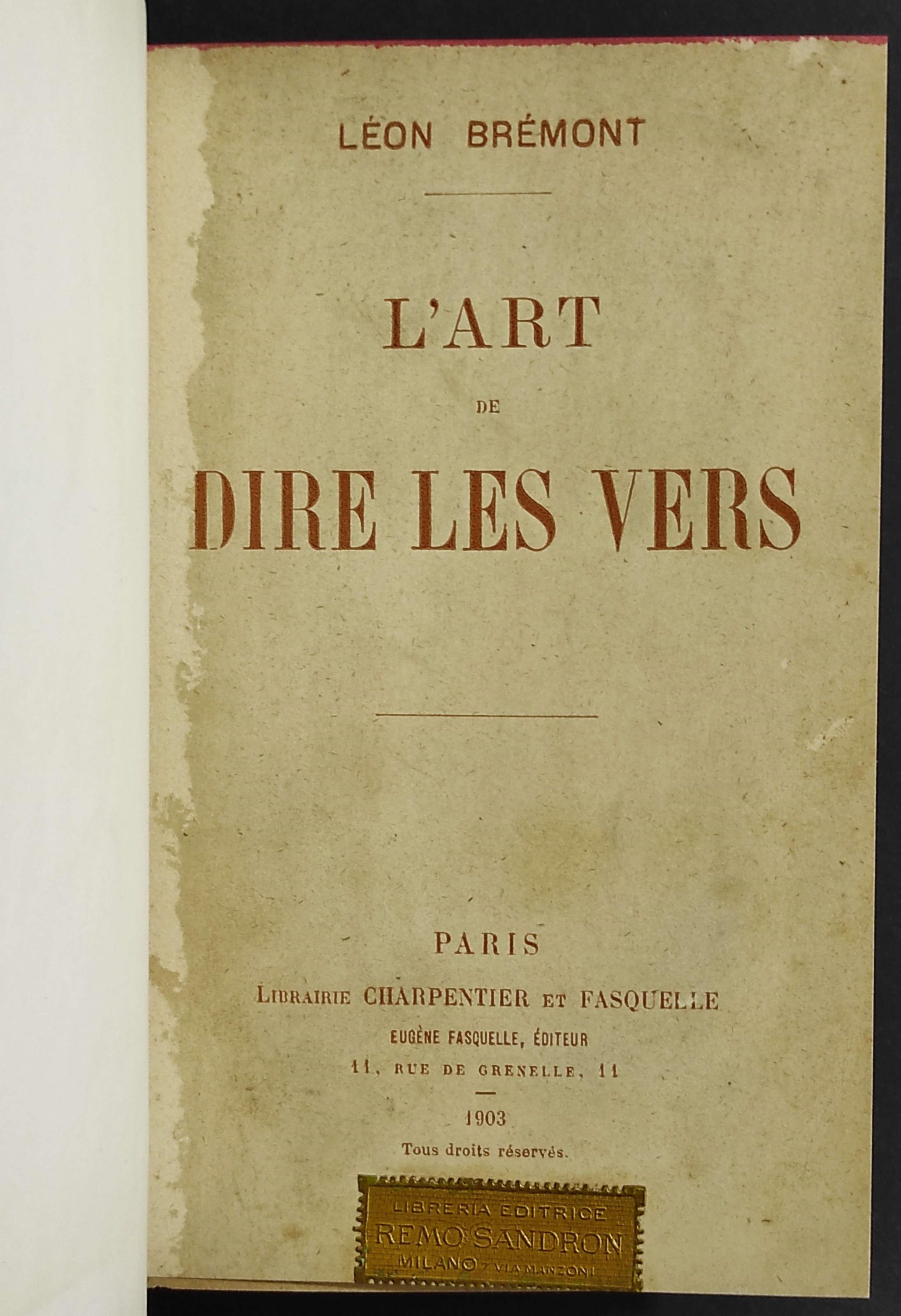 L' Art de Dire Les Vers - L. Bremont - Ed. Charpentier et Fasquelle