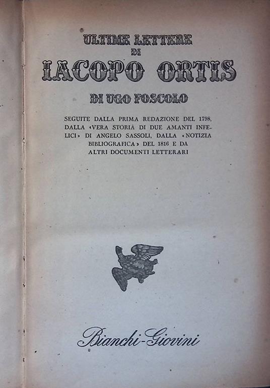 ultime lettere di Iacopo Ortis - Ugo Foscolo - copertina