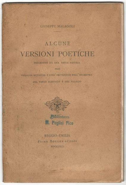 Alcune versioni poetiche - Giuseppe Malagoli - copertina