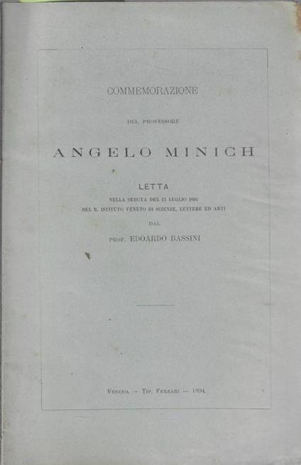 Commemorazione del professore Angelo Minich - copertina