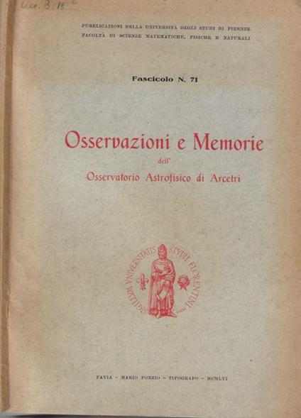 Osservazioni e memorie dell'Osservatorio Astrofisico di Arcetri Fascicolo 71 1956 - copertina