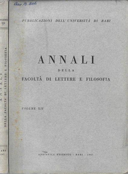 Annali della Facoltà di Lettere e Filosofia Volume XII 1967 - copertina