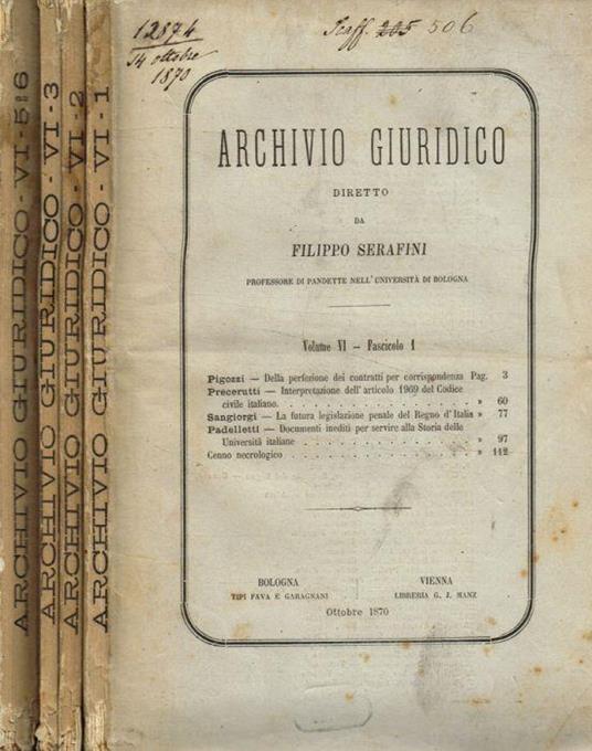 Archivio Giuridico. Volume VI, fasc.I, 2, 3, 5/6, anno 1870-71 - Filippo Serafini - copertina