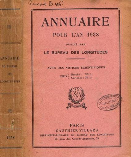 Annuaire pour l'an 1938 publié par le bureau des longitudes - copertina